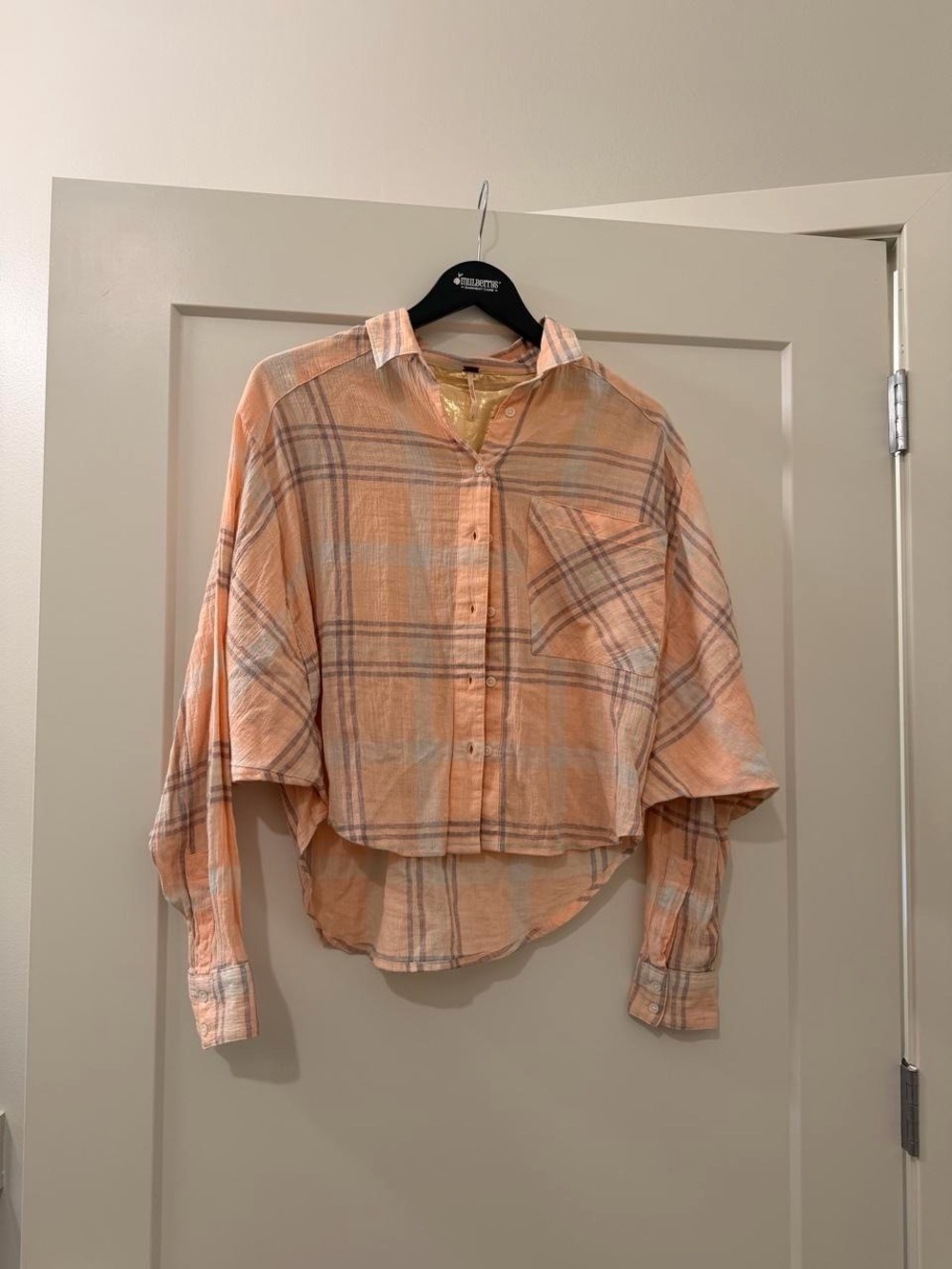 Free People Orange Plaid Button-Up Cropped Shirt